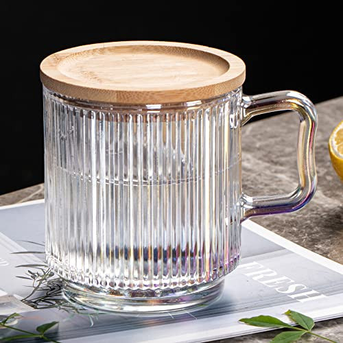 Leadiy Iridescent Glass Coffee Mug with Lid, Clear Glass Coffee Cups, Classical Vertical Stripes Coffee Mugs for Latte Juice Tea 12.5 Ounces | Amazon (US)