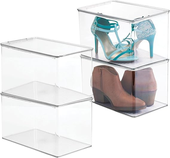 mDesign Stackable Plastic Closet Storage Container Bin Box with Hinge Lid for Organizing Shoes, B... | Amazon (US)