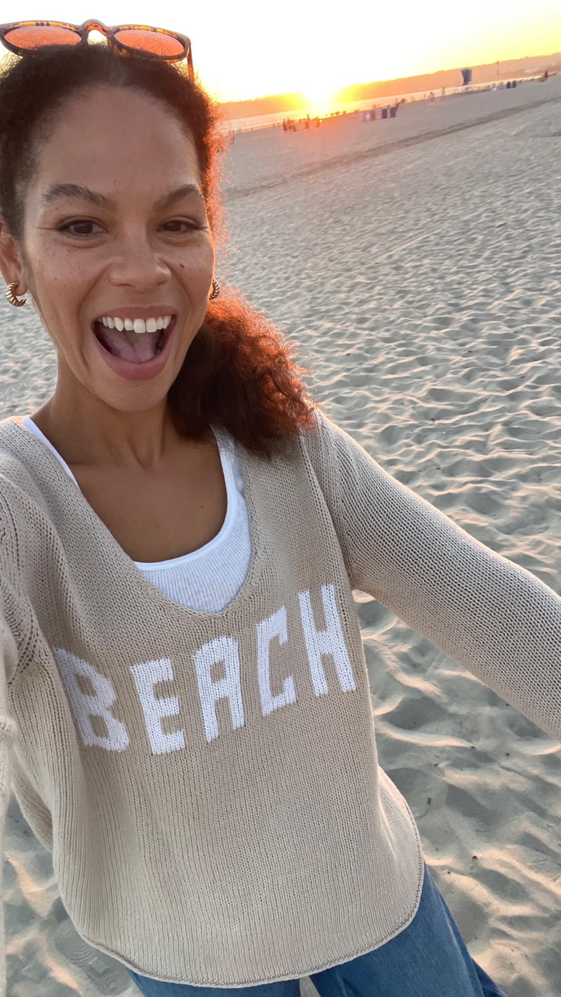 Late summer nights knit beach sweater wide leg jeans sunglasses sweater is on end of summer sale 40% off, I’m wearing a size small!