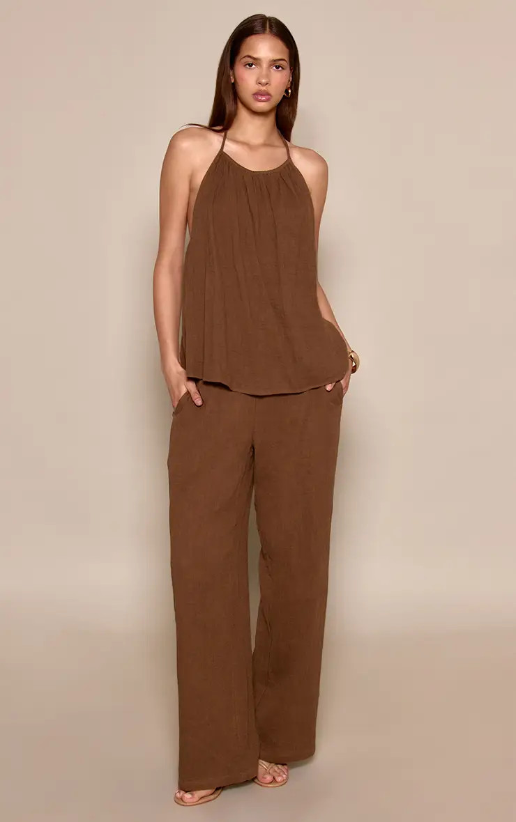 Khaki Textured Linen Look Wide Leg Trouser | PrettyLittleThing US