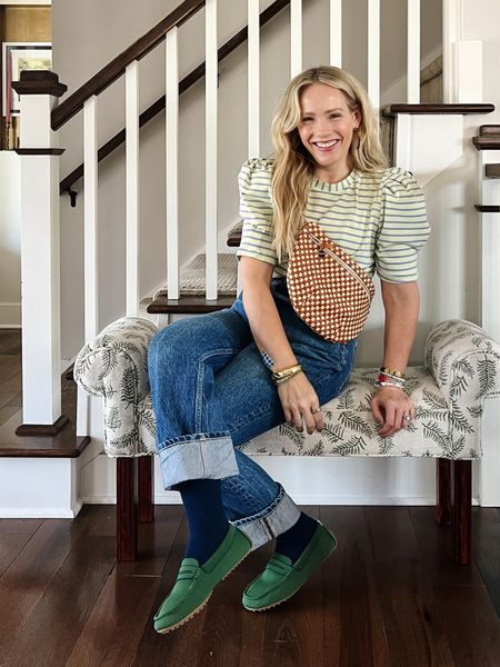 Casual Friday at the office, work from home, or weekend - an elevated everyday outfit to try.  English factory stripe puff sleeve top, reformation denim, Clare v grande Fanny, navy trouser socks, rothy green drivers
❤️ Claire Lately 

#LTKover40 #LTKworkwear #LTKSeasonal