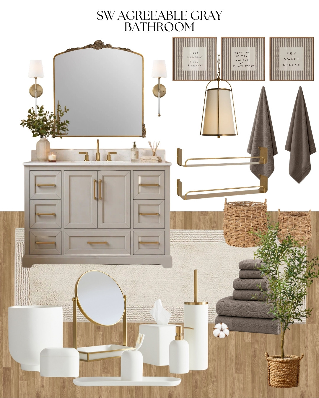 Beige Vanity Bathroom, Modern Classic Bathroom Design, Transitional Bathroom Decor, SW Agreeable Gray Bathroom, Bath Rug, Bath Towels, Woven Baskets

#bathroomdesign #bathroomdecor #beigevanity #moodboard #bathroom #modernhome 

 #LTKselfcare #LTKHome #LTKSaleAlert