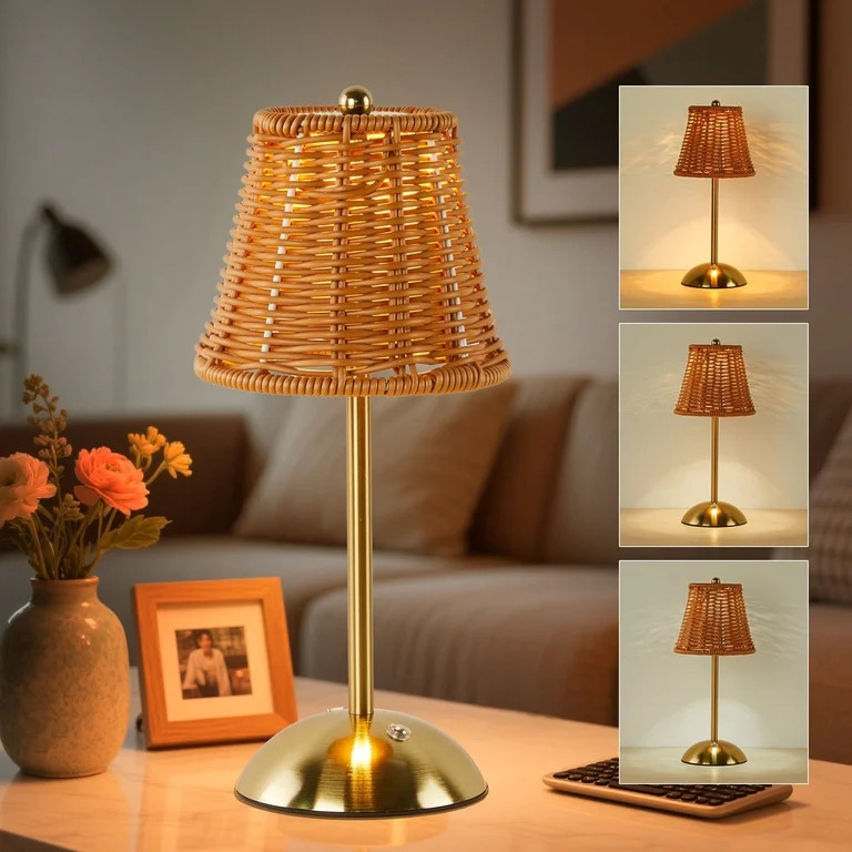 LAFAYTTE Rattan Table Lamp, Vintage Rattan LED Rechargeable Reading Light, 3 Color Temperatures D... | Walmart (US)