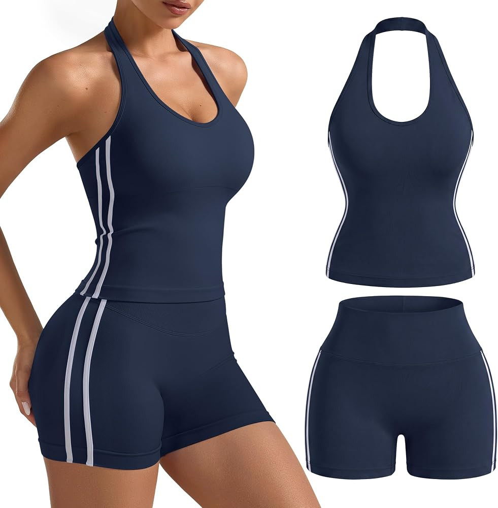 Women Workout Sets 2 Piece Seamless Halter Padded Crop Tank Top Scrunch Butt Gym Shorts Contrast ... | Amazon (US)