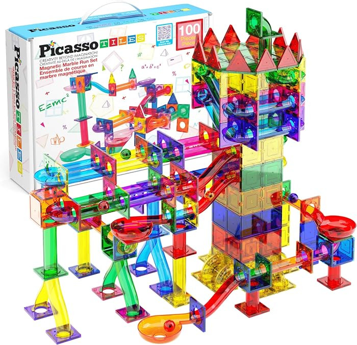PicassoTiles 100pc Magnetic Marble Run Set with Racing Track Tiles Funnels Curved Slopes and Stee... | Amazon (US)
