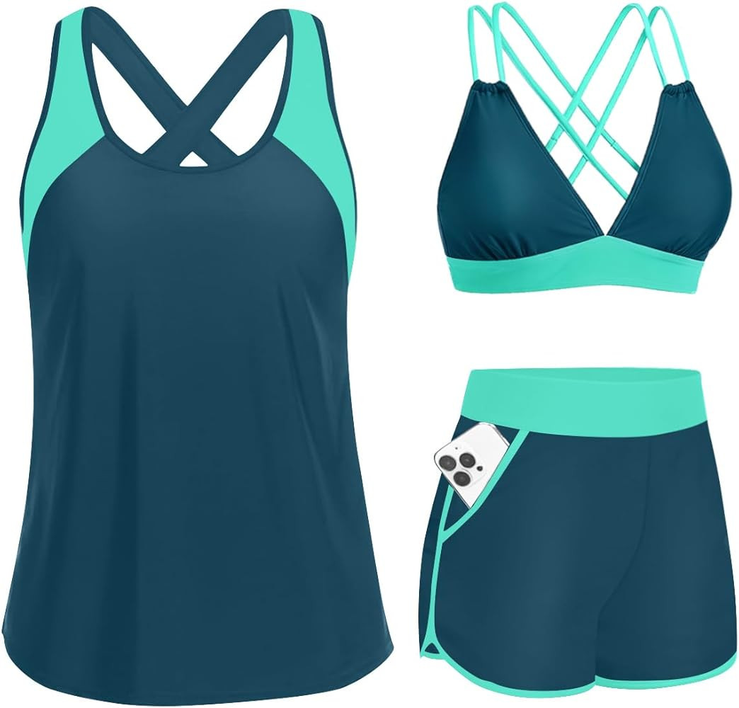 Daci Women 3 Piece Tankini Swimsuits - Tummy Control Tank Top with Bra Modest Bathing Suit with P... | Amazon (US)