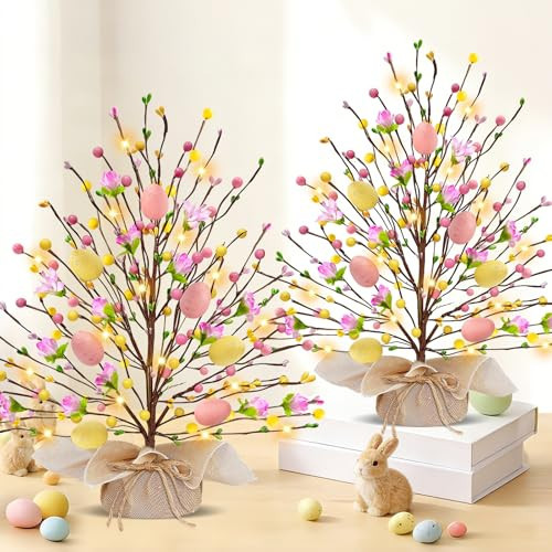 2 Pack & Timer - Easter Decorations, 18 Inch Lighted Easter Tree Tabletop with 20 LED Warm White Lights Pastel Eggs Floral Berries Battery Operated Easter Egg Tree Home Indoor Table Party Spring Decor | Amazon (US)