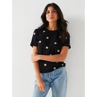 Everyday All over Embroidered T-Shirt - Black | Very (UK)