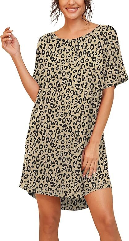 PrinStory Womens Nightshirts Short Sleeve Nightgown Soft Sleepwear Round Neck Casual Loungewear | Amazon (US)