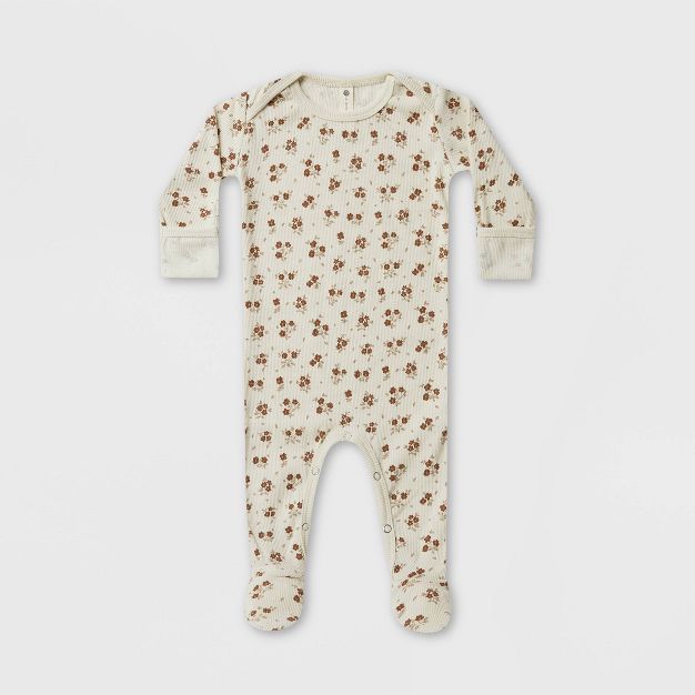 Q by Quincy Mae Baby Girls' Floral Ribbed Footed Pajama - Ivory | Target