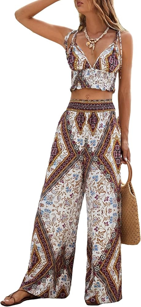 Verdusa Women's 2 Piece Sets Brown Tan Top Brown Tan Pants Outfit Wide Leg Pants Outfit Pant Set | Amazon (US)