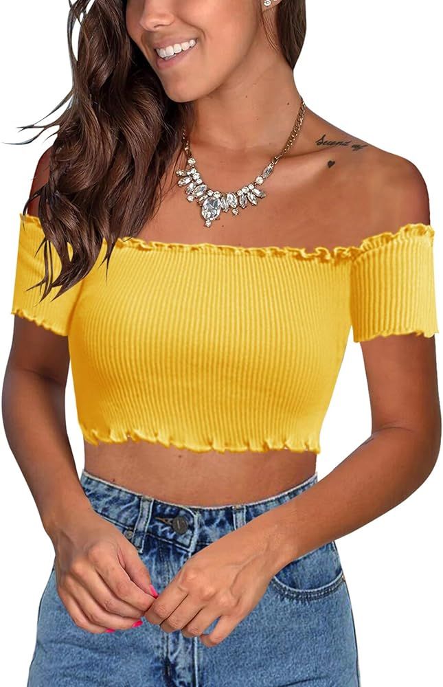 Floral Find Women's Sexy Off Shoulder Crop Tops Strapless Ruffle Casual Slim Tees | Amazon (US)