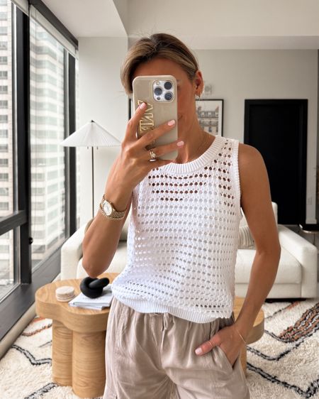The trendy piece everyone needs this spring and summer - a crochet sleeveless sweater! This one calmed w a cami attached which is super helpful and takes away the guesswork on bras! Size XS 
Spring trends

#LTKstyletip #LTKSeasonal