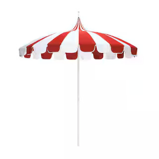 8.5 ft. White Aluminum Market Push Lift Pagoda Patio Umbrella in Jockey Red and Natural Pacifica | The Home Depot