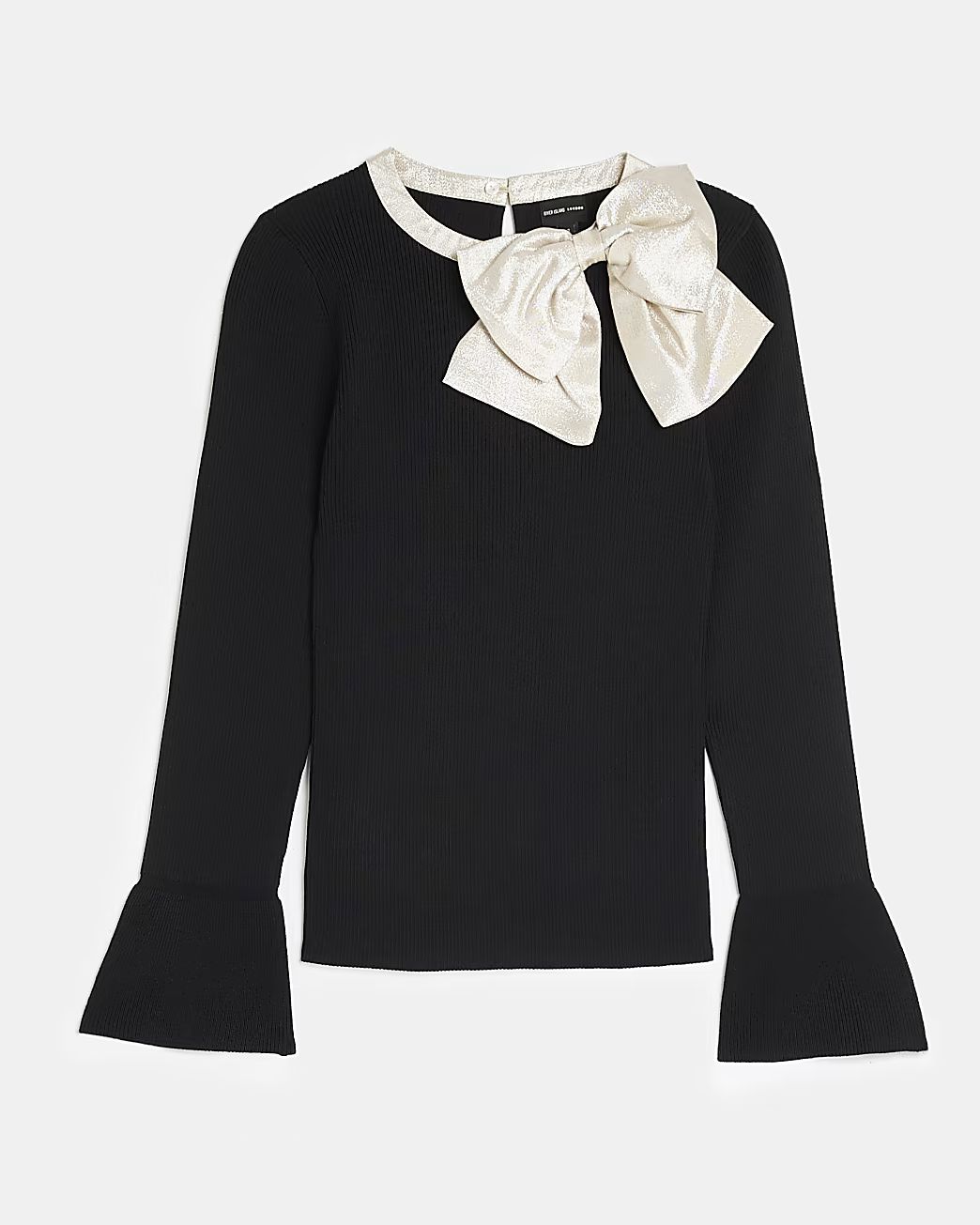 Black knit bow detail long sleeve top | River Island (UK & IE)