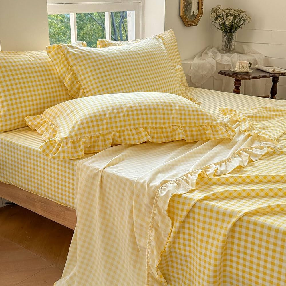 NSNLGSGC Yellow Gingham Ruffle Queen Sheet Set, Yellow Soft Pre-Washed Microfiber Plaid Queen Bed... | Amazon (US)