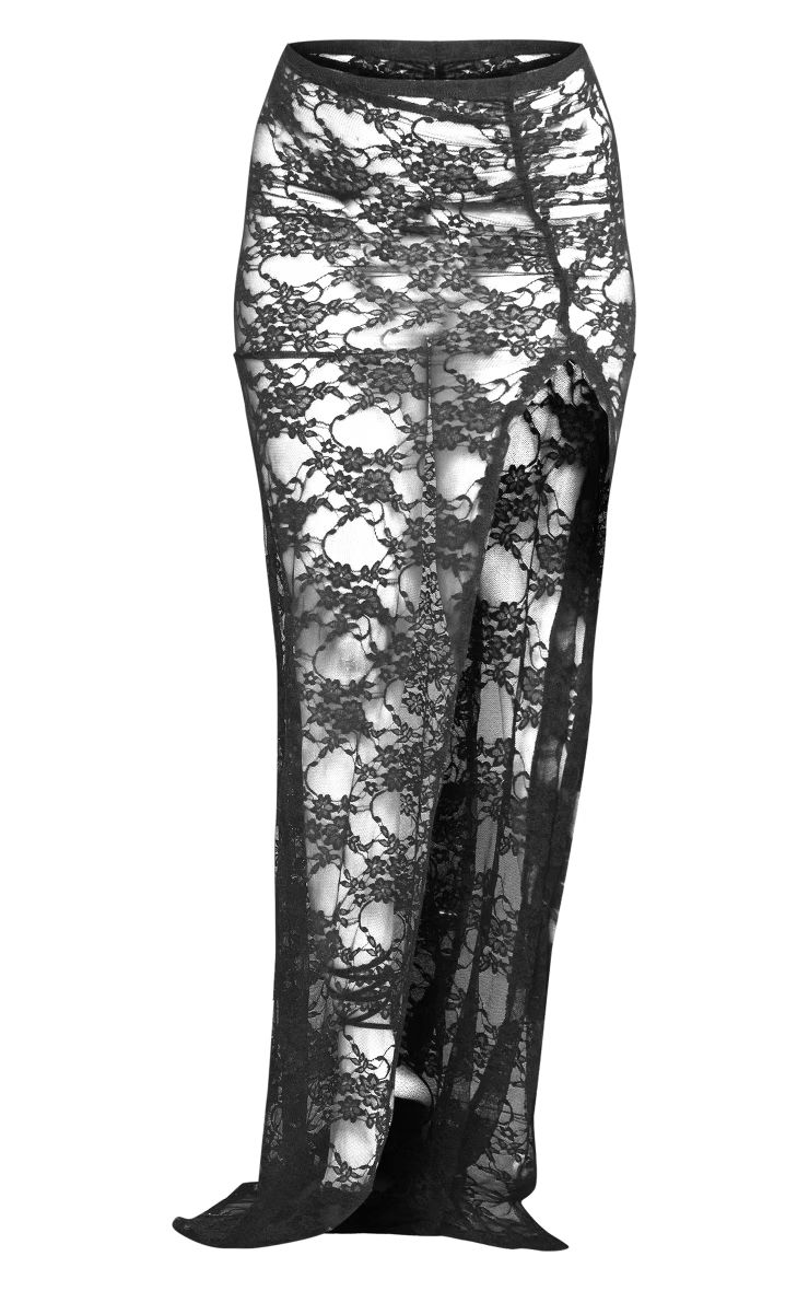 Black Lace Side Slit Maxi Skirt | PrettyLittleThing US
