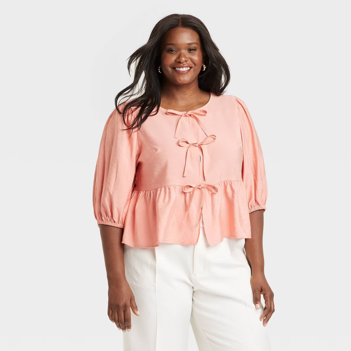 Women's Elbow Sleeve Peplum Tie-Front Blouse - A New Day™ | Target