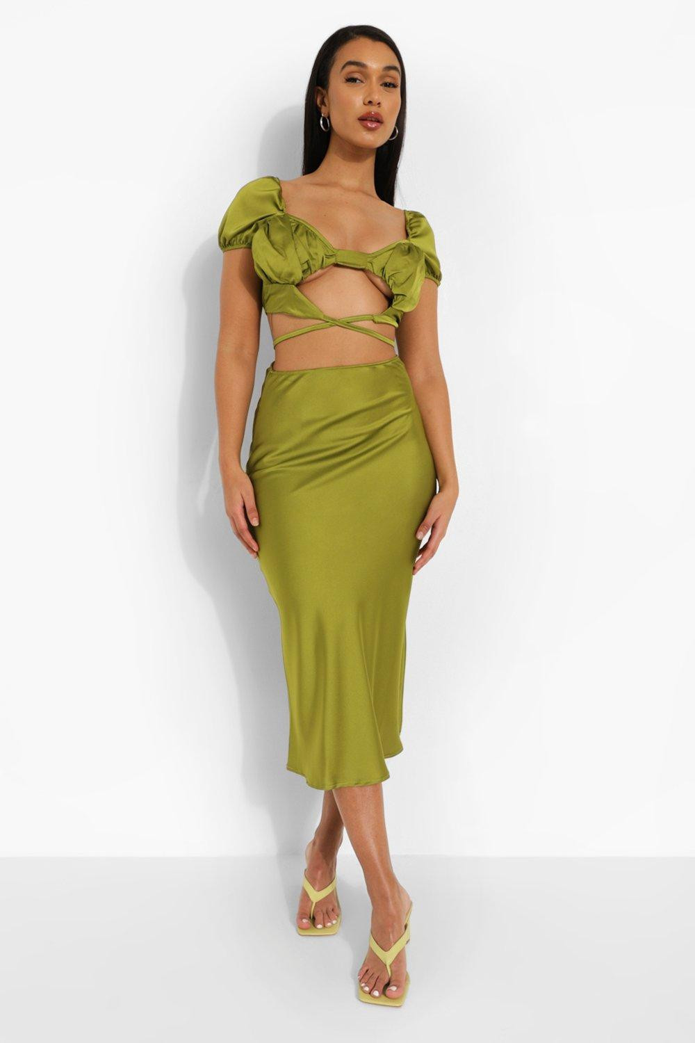 Satin Knot Crop & Midaxi Slip Skirt | Boohoo.com (UK & IE)