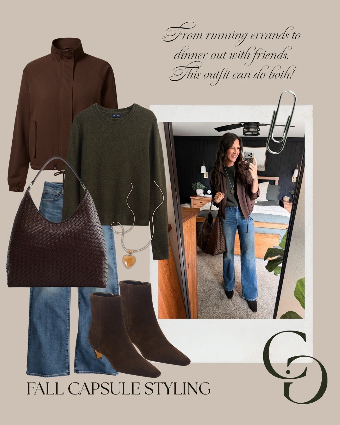 Fall capsule styling 

Jacket (sized up to a large)
Sweater (medium tall) 
Jeans (sizs 27 long)