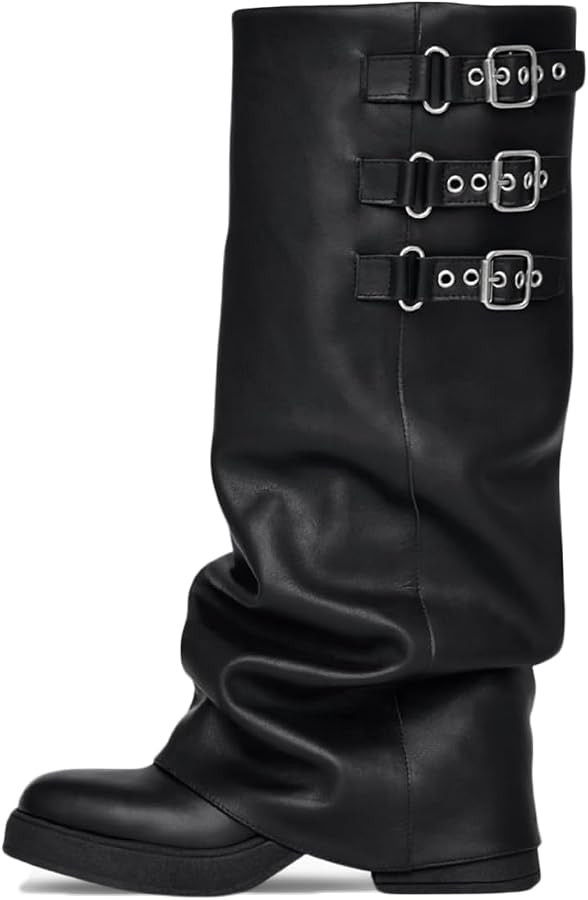 Knee High Boots Women Fall Slouchy Fold Over Tall Boots - Motorcycle, Hidden Zipper, Fashion Buck... | Amazon (US)