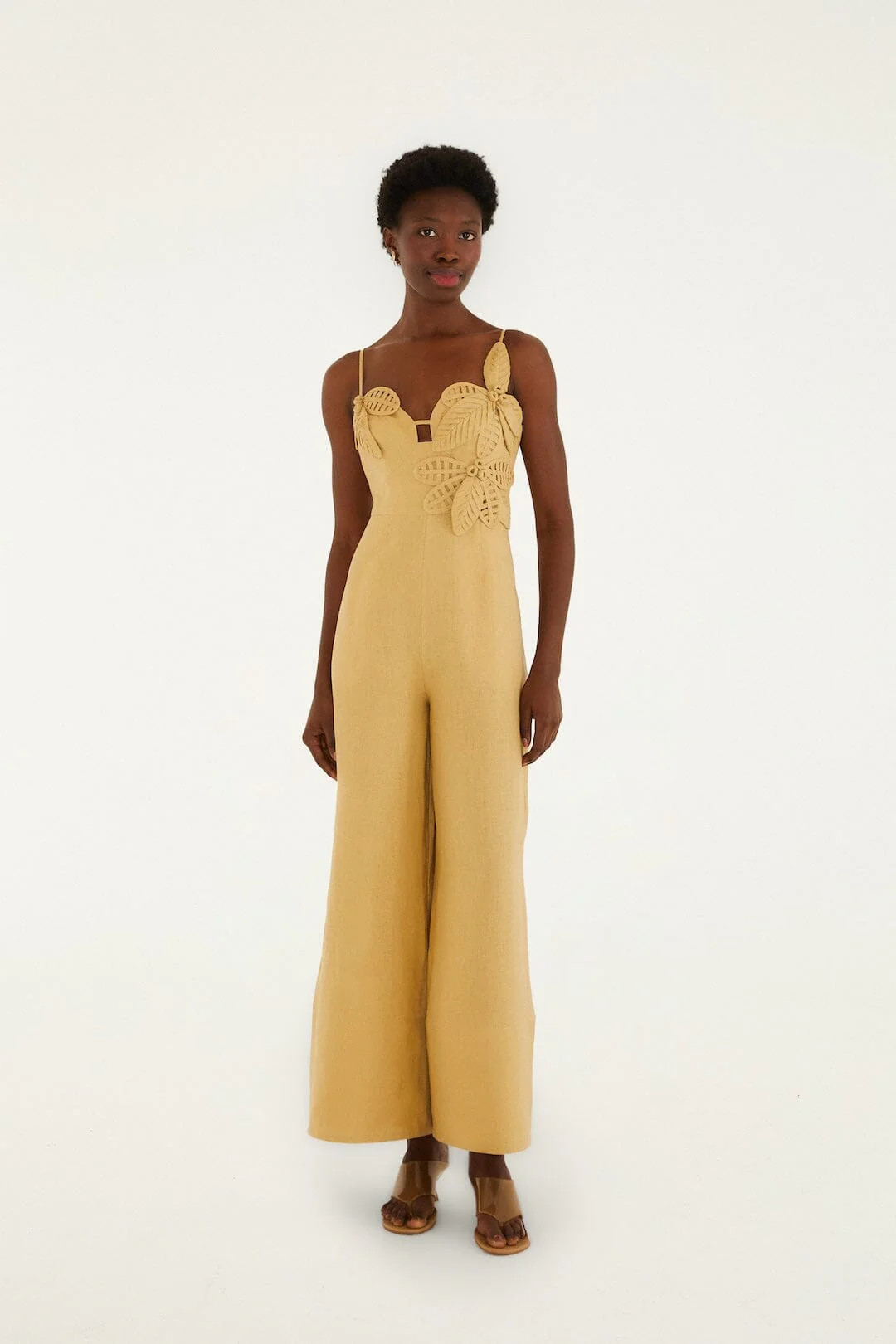 Sand 3d Flowers Euroflax Premium Linen Jumpsuit | FarmRio (US)
