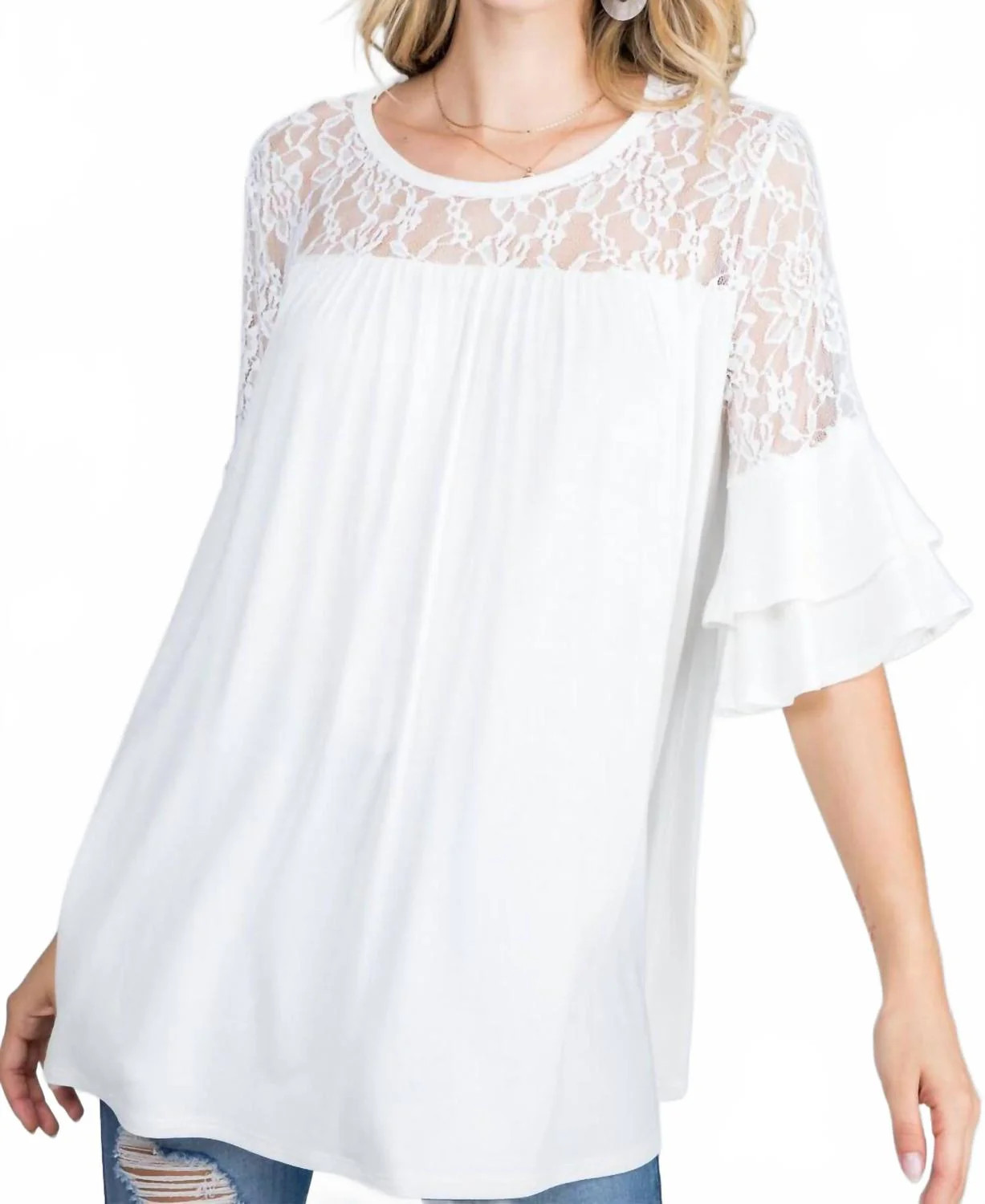 Lace And Ruffle Tiered Sleeve In White | Shop Simon