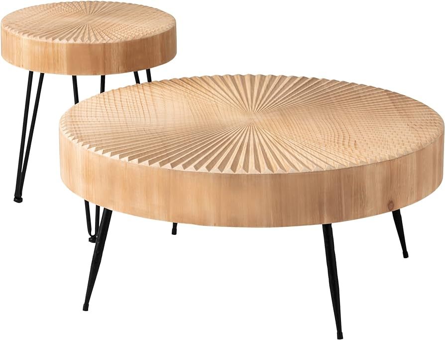 COZAYH 2-Piece Modern Farmhouse Living Room Coffee Table Set, Nesting Table Round Natural Finish with Handcrafted Wood Radial Pattern | Amazon (US)