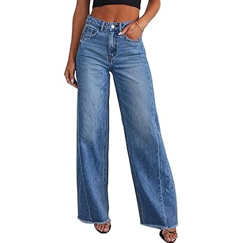 Sidefeel Women's Wide Leg Jeans High Waisted Stretchy Raw Hem Zimbaplatinum Denim Pants | Amazon (US)