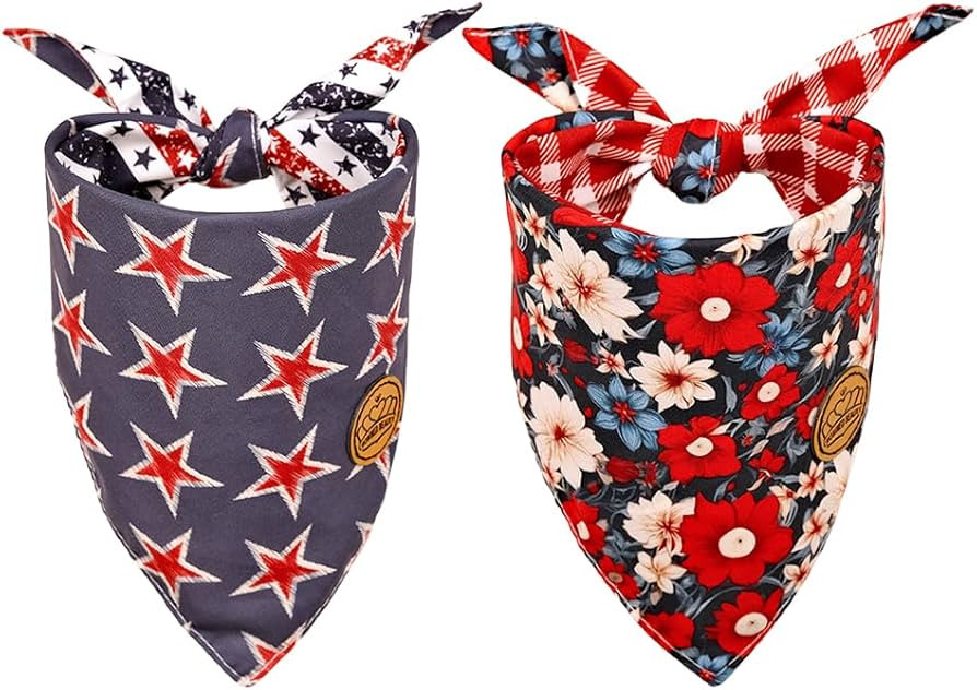 CROWNED BEAUTY 4th of July Patriotic Dog Bandanas Reversible Small 2 Pack, Floral Star Set, Plaid... | Amazon (US)