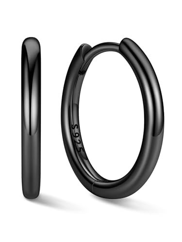 ChicSilver Sterling Silver Black Hoop Earrings for Women Black Huggie Earrings for Women Dainty Hoop Earring for Women 12MM | Amazon (US)