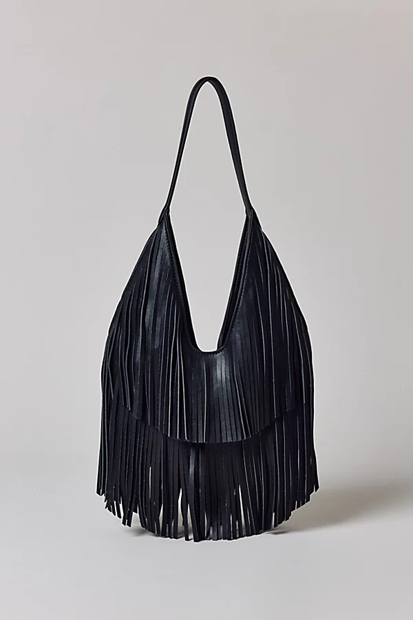 Silence + Noise Fringe Faux Leather Hobo Bag in Black, Women's at Urban Outfitters | Urban Outfitters (US and RoW)