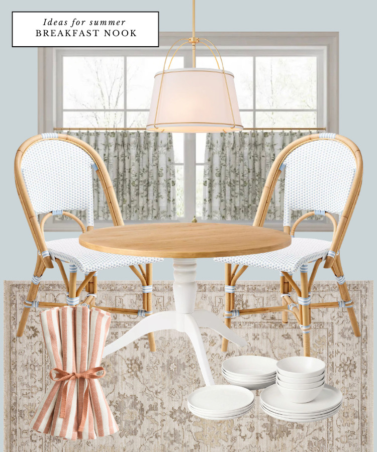 Breakfast nook furniture, kitchen furnishings, breakfast table, bistro chairs, kitchen pendant, traditional rug, everyday dishes, cafe curtains 

 #LTKcanada #LTKsummer #LTKhome