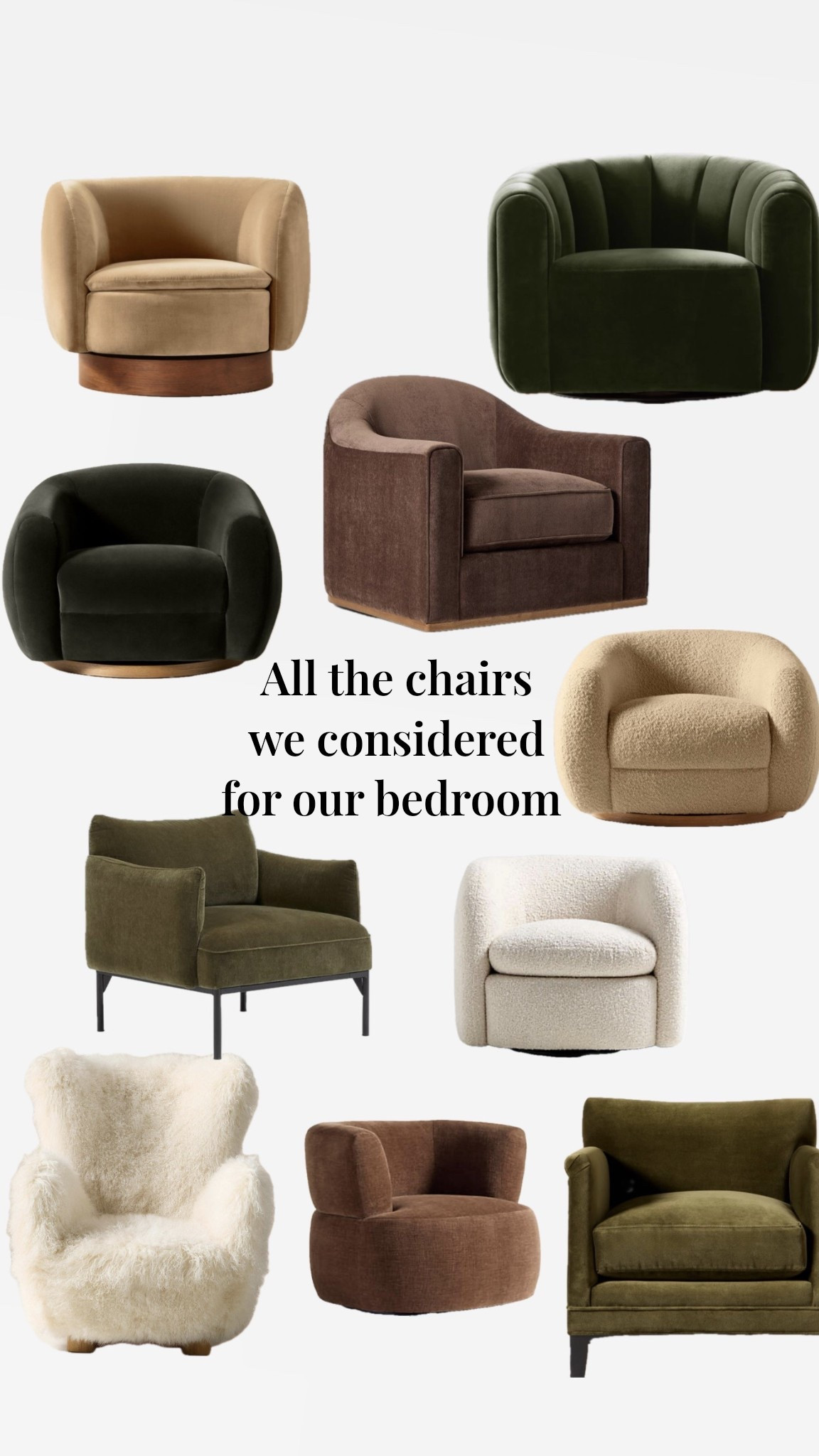 All the fun accent chairs we considered for our master bedroom - ended up going with the green velvet from CB2! What’s your favorite ?

#LTKStyleTip #LTKSaleAlert #LTKHome