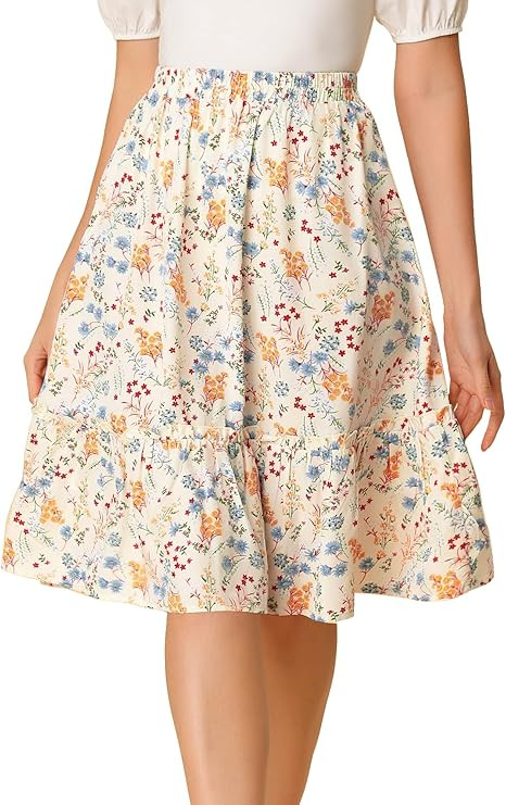 Allegra K Women's Ruffle Hem Elastic Waist Flowy A-Line Swing Floral Midi Skirt | Amazon (US)
