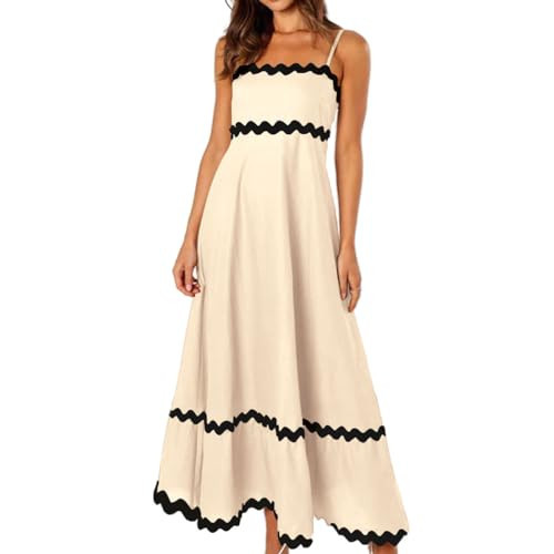 Naileksi Women Spaghetti Strap Rickrack Trim Flowy Maxi Dress Sleeveless Smocked A-line Boho Flared Long Dress Summer Apricot | Amazon (US)