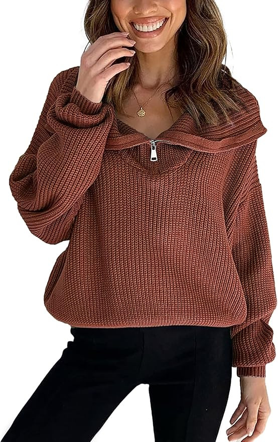 KIRUNDO Women's Long Sleeve Quarter Zip Lapel V Neck Slouchy Warm Stretchy Ribbed Knit Sweater Pu... | Amazon (US)