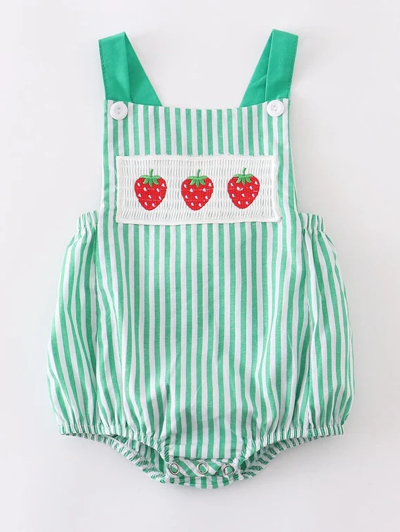 Smocked Green Stripe Strawberry Romper | Etsy | Etsy (US)