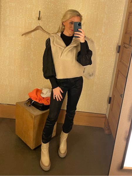 Fall outfit of my dreams! Teddy & Sherpa vest under $100! Top is $88 and wearing an xs. Coated black joggers are pricey but could be worth the splurge. Sized down to a 25!

#LTKunder100 #LTKSeasonal #LTKstyletip
