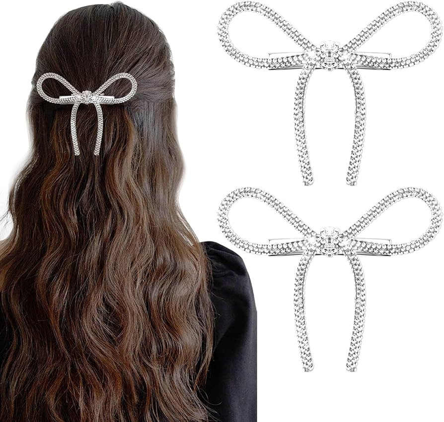 2Pcs Bow Rhinestone Hair Clips for Women Kids Girls Long Short Thin Thick Hairpins Silver Fancy M... | Amazon (US)