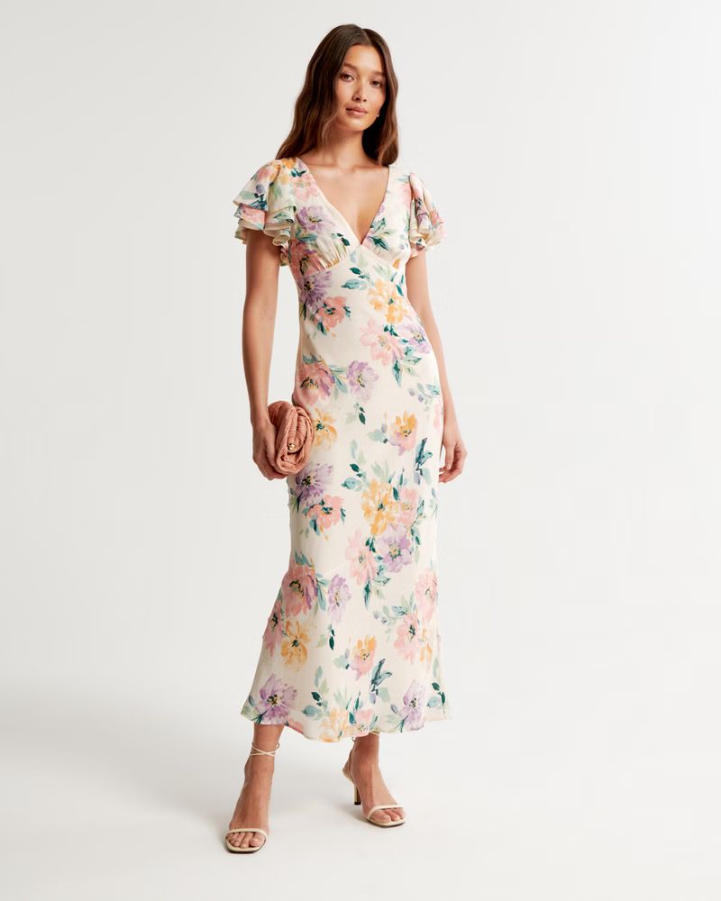 Women's Ruffle Sleeve Slip Maxi Dress | Women's | Abercrombie.com | Abercrombie & Fitch (US)