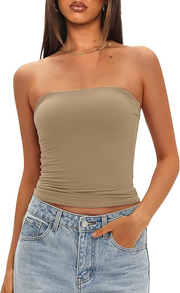 Darong Womens Tube Tops Bulit in Bra Strapless Crop Tops Bandeau Double Lined Basic Going Out Tan... | Amazon (US)