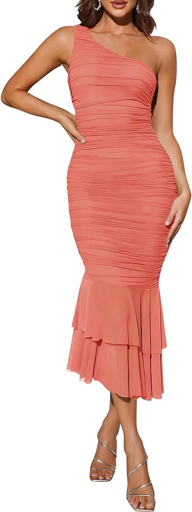ZESICA Women's One Shoulder Summer Dress Sleeveless Mesh Ruched Bodycon Sexy Formal Cocktail Midi... | Amazon (US)
