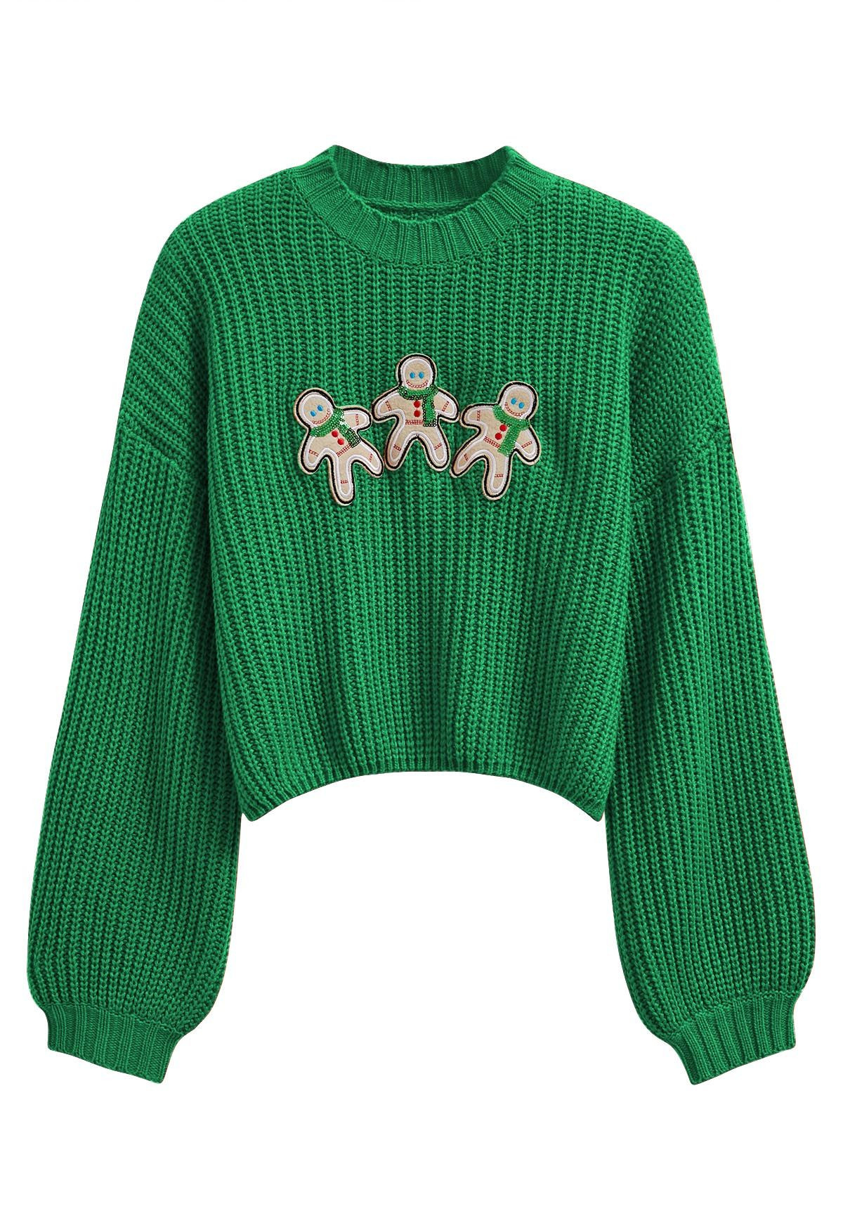 Gingerbread Man Patch Ribbed Sweater in Green | Chicwish