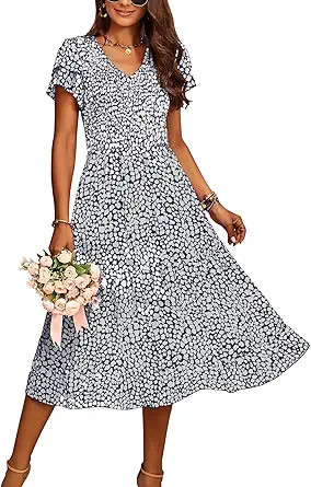 BTFBM Women Casual Summer Dresses Wedding Guest Dress | Ruffles Tiered Sleeves, Smocked,V Neck,Mi... | Amazon (US)