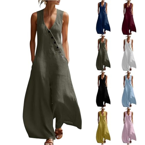 Amazon.com: Jumpsuits For Women Casual Cotton Linen Button Rompers Wide Leg Casual Beach Overalls... | Amazon (US)