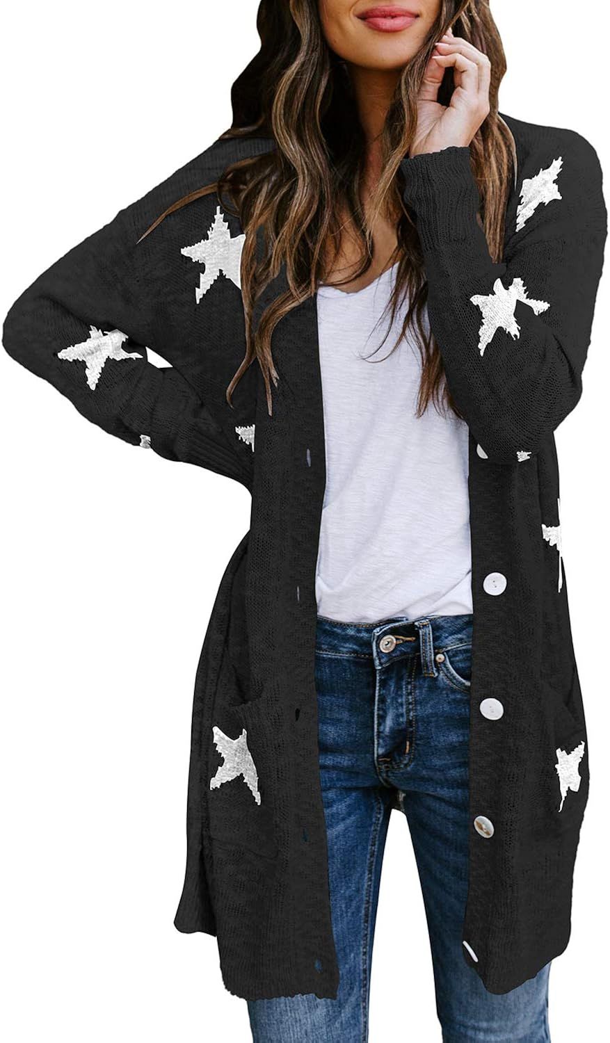 HAPCOPE Women's Star Print Button Down Knit Open Front Cardigan Sweaters with Pockets | Amazon (US)