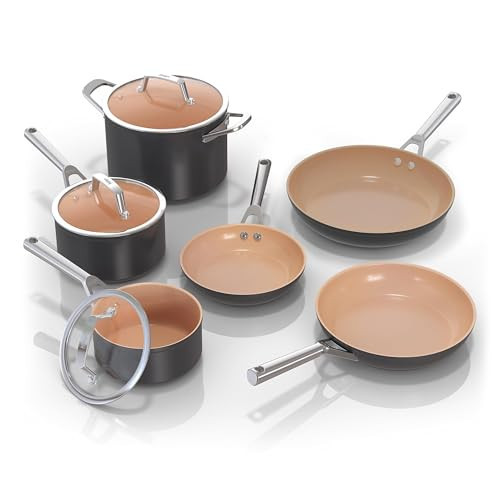 Ninja Pots and Pans Set Non Stick | Extended Life Premium Ceramic Cookware Set | 9-Piece Nonstick | PTFE Free | Oven Safe to 550°F | Induction Compatible | Frying Pan x3 | Cooking Pot x3 | CW99009 | Amazon (US)