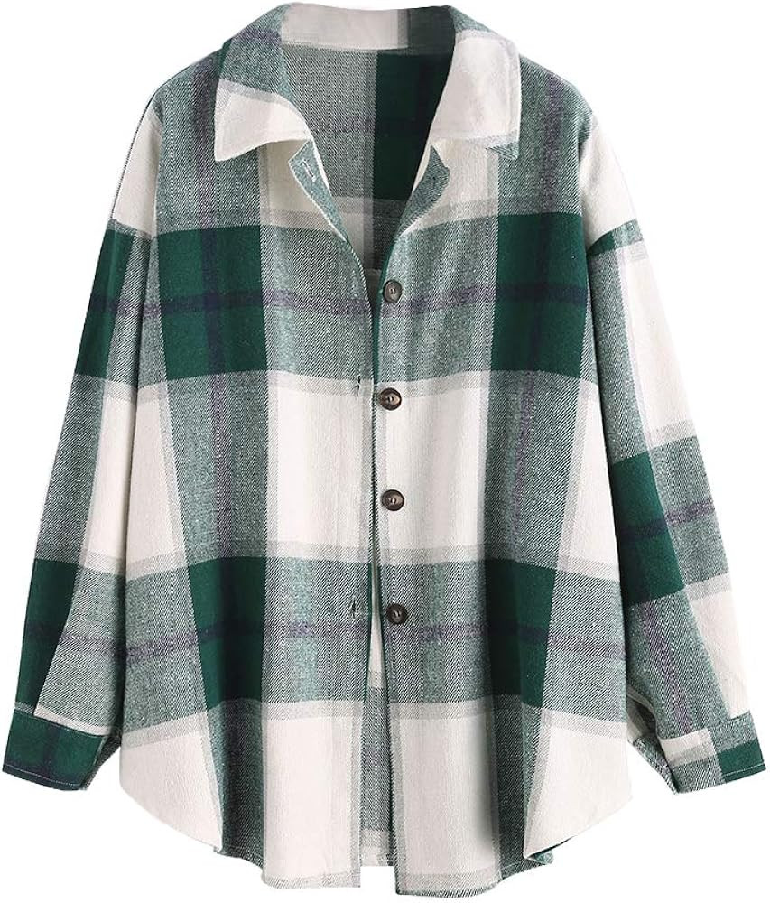 ZAFUL Women's Plaid Long Sleeve Shirt Button Down Thin Jacket Casual Flannel Plaid Shacket with P... | Amazon (US)
