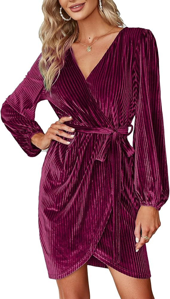 BerryGo Women's Long Sleeve Wrap Semi Formal Velvet Mini Dress Sexy Cocktail Party Winter Club Dr... | Amazon (US)